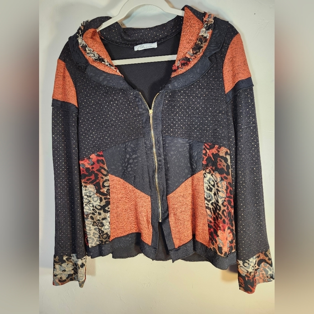 Zoe Stylish Black and Orange Hooded Top Lined Fun Sz L